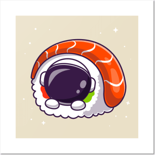 Cute Astronaut With Sushi Salmon Cartoon Posters and Art